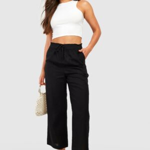 Womens Tall High Waisted Linen Look Wide Leg Culottes - Black - 10, Black