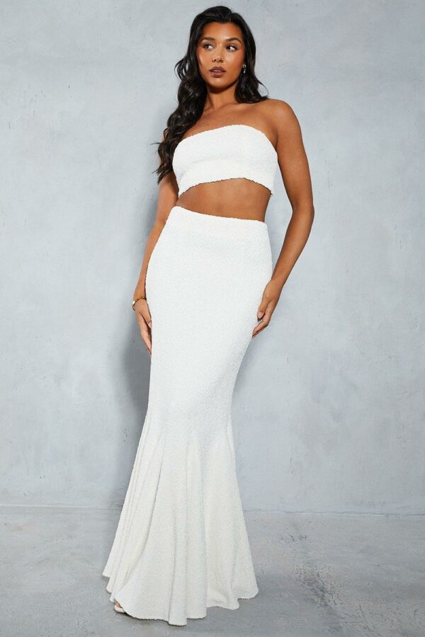 Womens Textured Bandeau Top & Mermaid Hem Maxi Skirt Co-ord - ivory - 14, Ivory