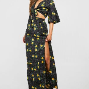 Womens Tie Front Floral Mix Maxi Skirt Two-Piece Set - Black - 6