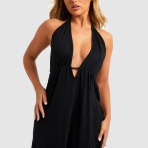 Womens Tie Neck Beach Swing Dress - Black - M, Black