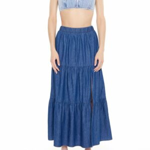 Women's Tiered Chambray Maxi Skirt in Medium Denim Large