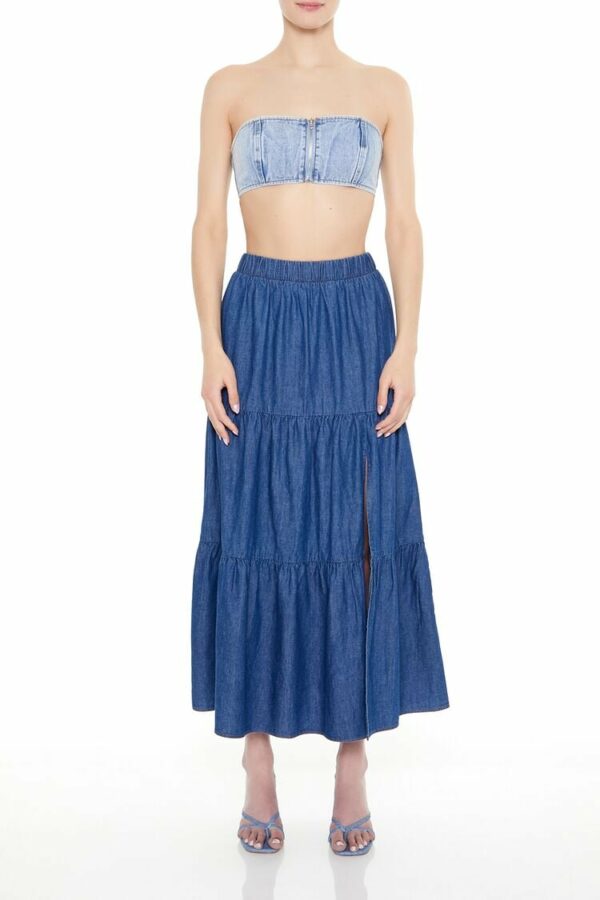 Women's Tiered Chambray Maxi Skirt in Medium Denim Large