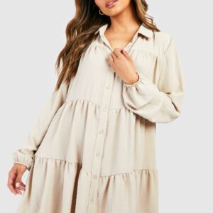 Womens Tiered Smock Shirt Dress - Beige - 4