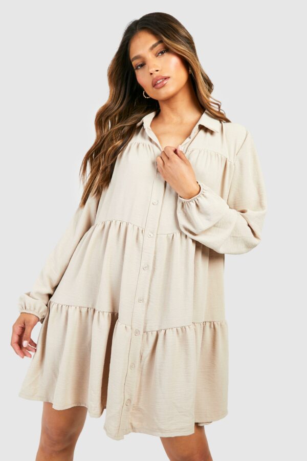 Womens Tiered Smock Shirt Dress - Beige - 4