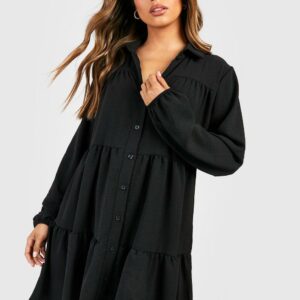 Womens Tiered Smock Shirt Dress - Black - 4