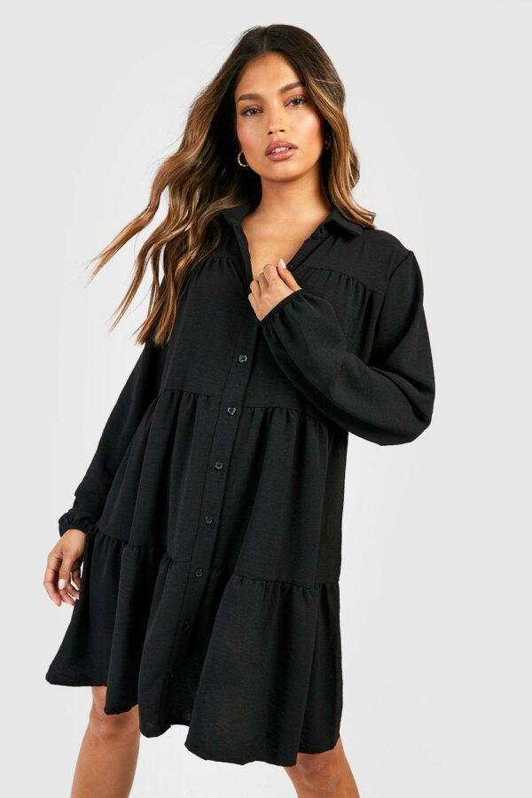 Womens Tiered Smock Shirt Dress - Black - 4