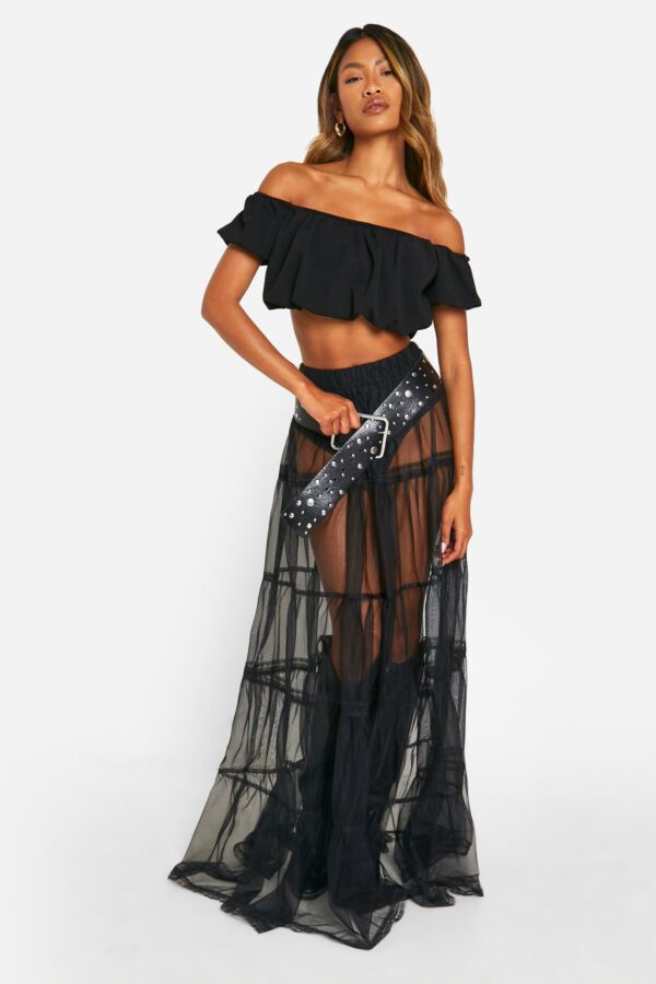 Womens Tulle Lace Maxi Skirt - Black - 12