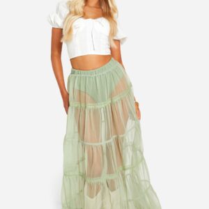 Womens Tulle Lace Maxi Skirt - Green - 6, Green