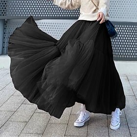 Women's Tutu Long Skirt Maxi Skirts Patchwork Tulle Solid Colored Party Halloween Spring Summer Organza Long Summer Black White Pink