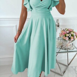 Womens V Neck Ruffle Sleeve Wrap Dress Midi Dress Cocktail Party Dress