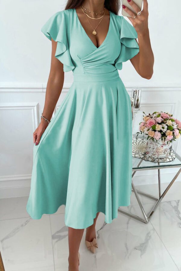 Womens V Neck Ruffle Sleeve Wrap Dress Midi Dress Cocktail Party Dress