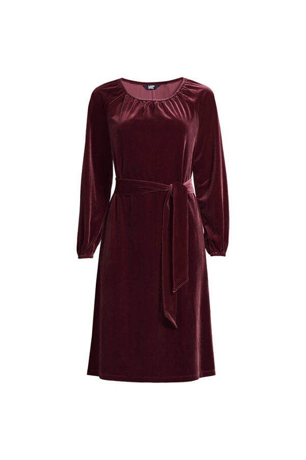 Women's Velvet Peasant Knee Length Dress - Lands' End - Red - XL