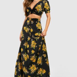 Womens Vic Floral Plunge Maxi Skirt Two-Piece Set - Black - 8