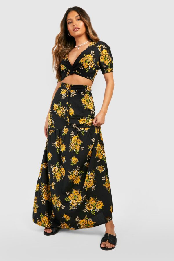 Womens Vic Floral Plunge Maxi Skirt Two-Piece Set - Black - 8