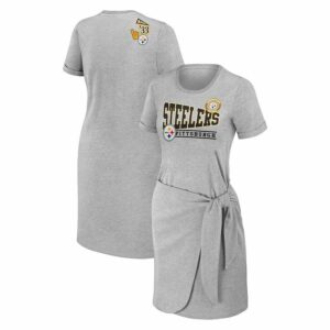 Women's WEAR by Erin Andrews Heather Gray Pittsburgh Steelers Knotted T-Shirt Dress, Size: 2XL, Grey