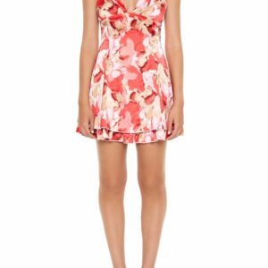 Women's Watercolor Floral Halter Mini Dress in Pink, XS