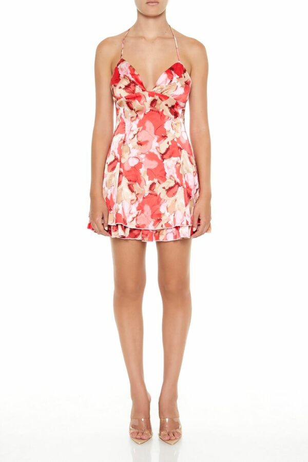 Women's Watercolor Floral Halter Mini Dress in Pink, XS