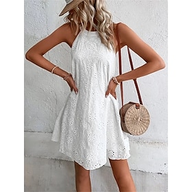 Women's White Dress Lace Dress Casual Dress Mini Dress Cotton Eyelet Casual Daily Vacation Halter Neck Sleeveless Summer Spring Black White Plain