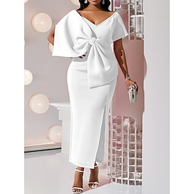 Women's White Dress Prom Dress Party Dress Ruched Split V Neck Short Sleeve Midi Dress Vacation White Pink Fall Winter