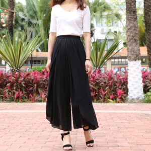 Women's Wide Leg Pants, Chiffon Skirt Asymmetrical Elastic Waist Trousers, High Summer Pants(K1006