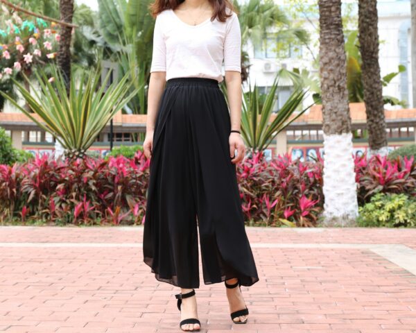 Women's Wide Leg Pants, Chiffon Skirt Asymmetrical Elastic Waist Trousers, High Summer Pants(K1006