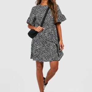 Womens Woven Dalmatian Print Smock Dress - Black - 6