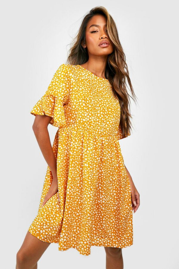 Womens Woven Dalmatian Print Smock Dress - Yellow - 14