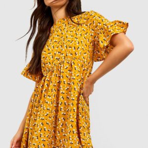 Womens Woven Ditsy Floral Smock Dress - Yellow - 4