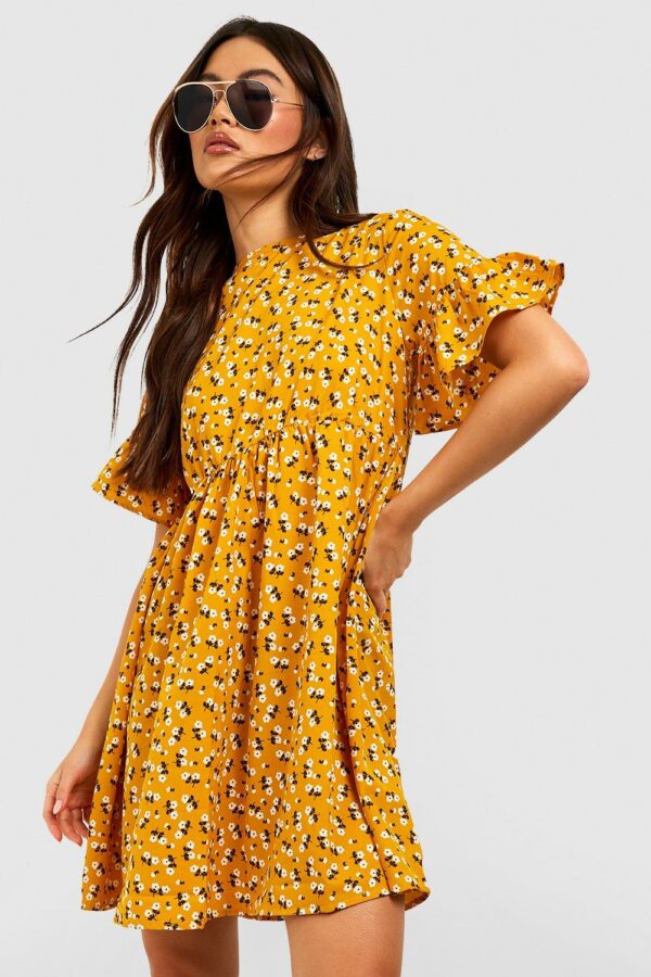 Womens Woven Ditsy Floral Smock Dress - Yellow - 4