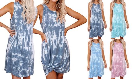 Women'sSleeveless Casual Loose Swing T-Shirt Dress Tie Dye Tunic Summer Dress M Grey Blue