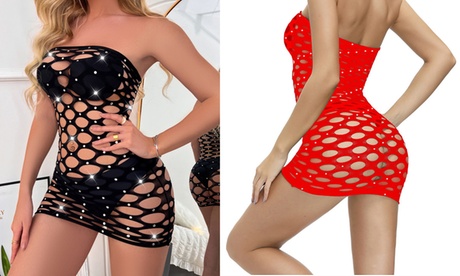 Women'sSparkle Rhinestone Mesh Lingerie Fishnet Mini Dress Red One Size