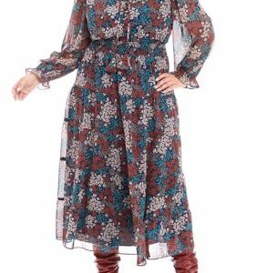 Wonderly Women's Plus Size Long Sleeve Printed Peasant Maxi Dress, Blue, 4X