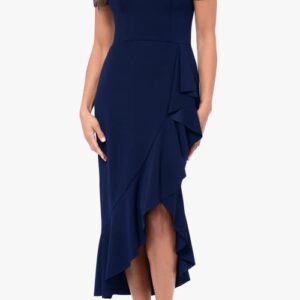 Xscape Evenings Off the Shoulder Midi Cocktail Dress in Navy at Nordstrom, Size 10