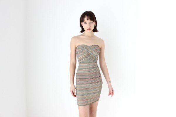 Y2K Metallic Glitter Rainbow Elastic Bandage/Bodycon Strapless Bustier Mini Dress