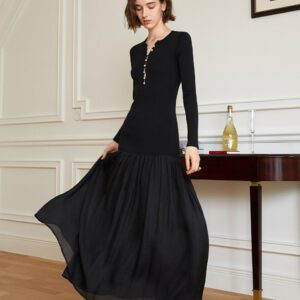 YY Pearl Snap Fishtail Pleats Maxi Dress