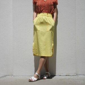 Yellow Linen Tulip Skirt With Pocket/Summer Gathered Casual Midi Elastic Waist Side Split Curved Hem