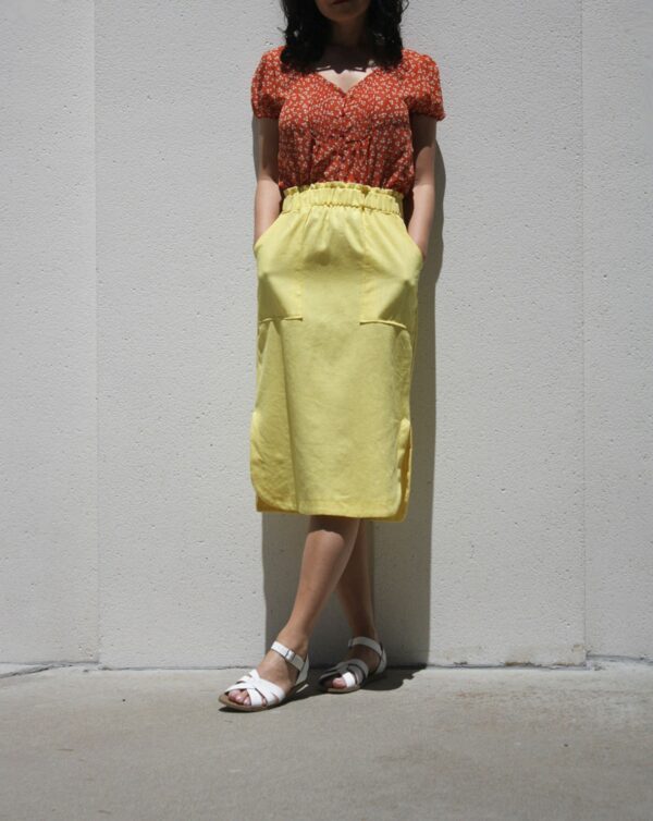 Yellow Linen Tulip Skirt With Pocket/Summer Gathered Casual Midi Elastic Waist Side Split Curved Hem