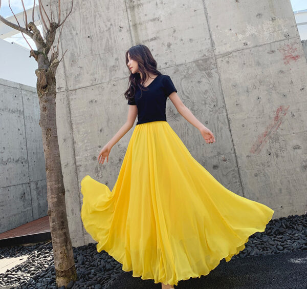 Yellow Long Chiffon Skirt Outfit Women Custom Plus Size Summer Sheer Maxi Skirt