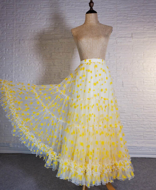 Yellow Tulle Maxi Skirt Outfit Women Plus Size Floral Tiered Tulle Skirt