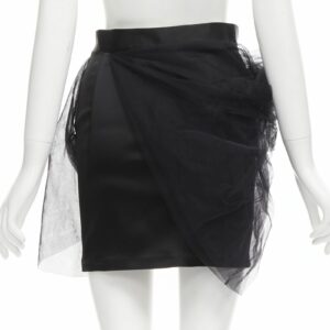 Yproject Black Tulle Asymmetric Wrap Satin Pencil High Waisted Mini Skirt Xs, Women's (Size 25)