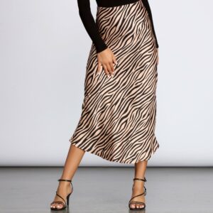 Zebra Flared Midi Satin Skirt