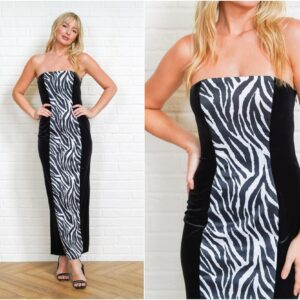 Zebra Print Dress Vintage 90S Gunne Sax Jessica Mcclintock Strapless Velvet Maxi Party Cage Open Back Cutout