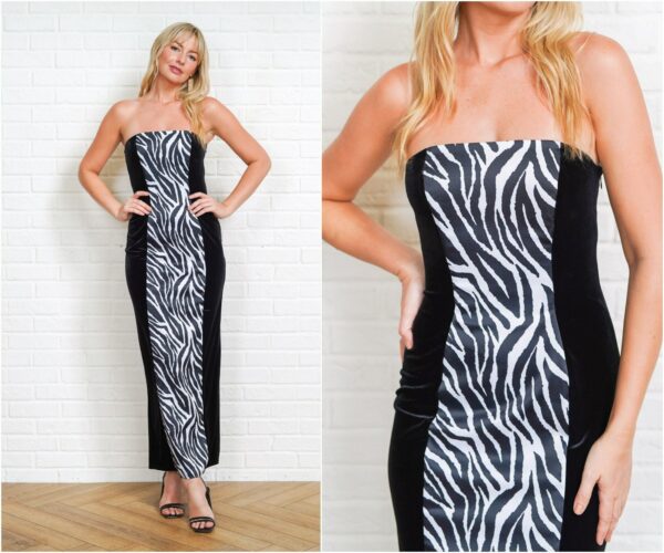 Zebra Print Dress Vintage 90S Gunne Sax Jessica Mcclintock Strapless Velvet Maxi Party Cage Open Back Cutout