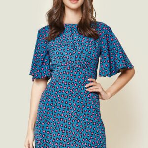 Ziggy Blue Leopard Print Flutter Sleeve Mini Dress