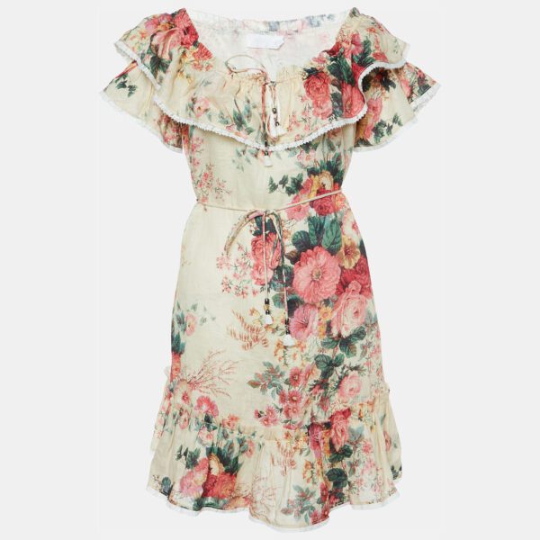 Zimmermann Beige Floral Printed Off-Shoulder Mini Dress M