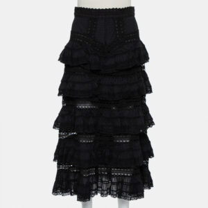 Zimmermann Black Paneled Cotton Lace Trim Ruffled Tiered Midi Skirt S