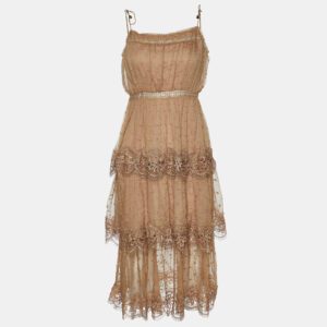 Zimmermann Brown Dotted Silk Lace Trim Mini Dress S