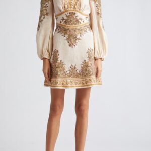 Zimmermann Natura Floral Paisley Long Sleeve Linen Mini Dress in Khaki Paisley at Nordstrom, Size 0P