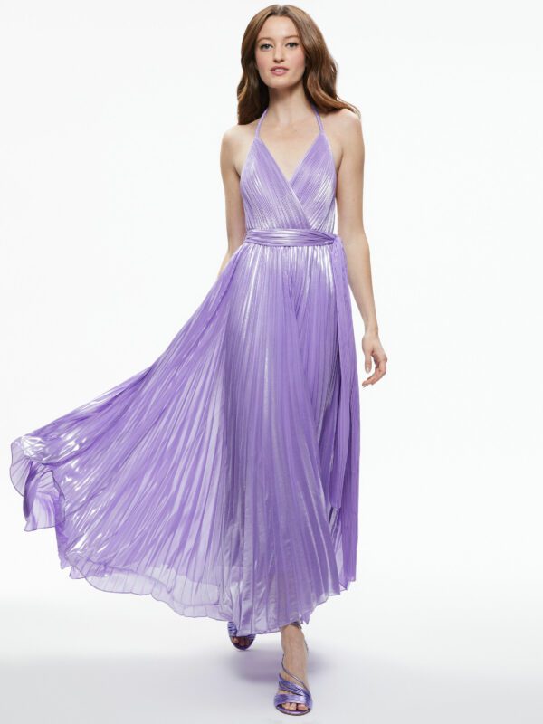 alice + olivia ARISTA SLEEVELESS HALTER NECK PLEATED MAXI DRESS