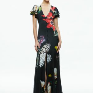 alice + olivia FARA DEEP V-NECK FLUTTER SLEEVE MAXI DRESS